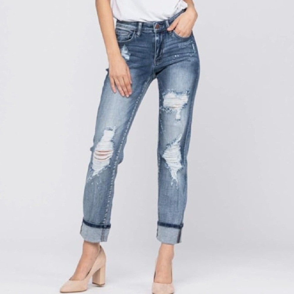 Judy Blue Boyfriend Fit Destroyed‎ Paint Splatter Jeans Medium Wash Blue 11/30